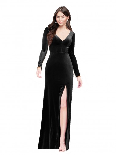 V-Neck Long Stretch Velvet Black Long Sleeves Formal Evening Gown / Prom Dress / Bridesmaid Dress Victoria