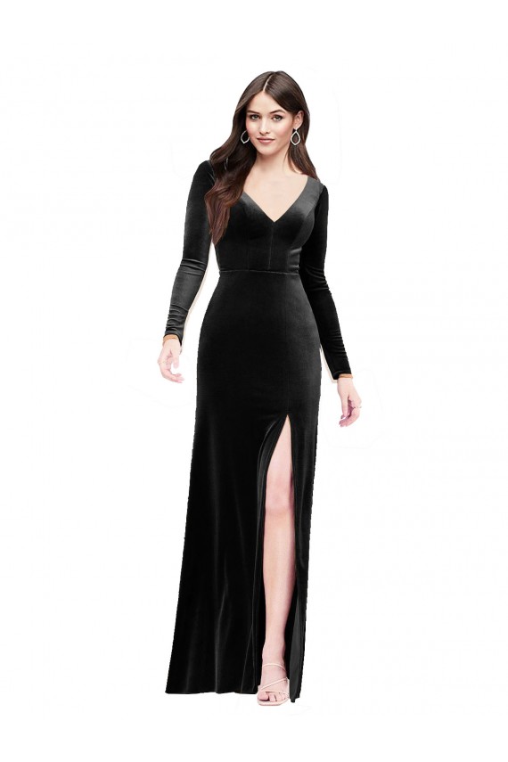 V-Neck Long Stretch Velvet Black Long Sleeves Formal Evening Gown / Prom Dress / Bridesmaid Dress Victoria