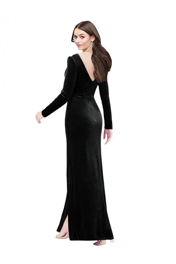 V-Neck Long Stretch Velvet Black Long Sleeves Formal Evening Gown / Prom Dress / Bridesmaid Dress Victoria