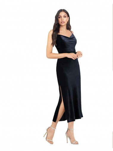 Cowl Neck Midi Length Stretch Velvet Dark Navy Sleeveless Formal Evening Gown / Prom Dress / Bridesmaid Dress Victoria
