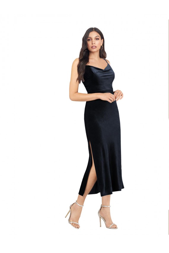 Cowl Neck Midi Length Stretch Velvet Dark Navy Sleeveless Formal Evening Gown / Prom Dress / Bridesmaid Dress Victoria