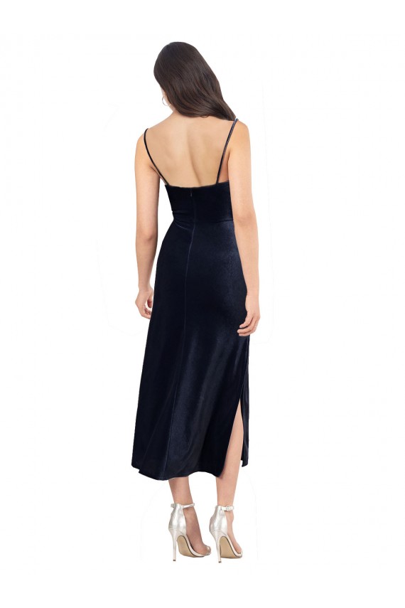 Cowl Neck Midi Length Stretch Velvet Dark Navy Sleeveless Formal Evening Gown / Prom Dress / Bridesmaid Dress Victoria