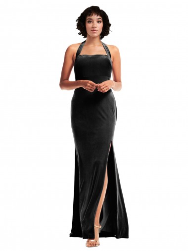 Halter Neck Long Stretch Velvet Black Sleeveless Formal Evening Gown / Prom Dress / Bridesmaid Dress Victoria