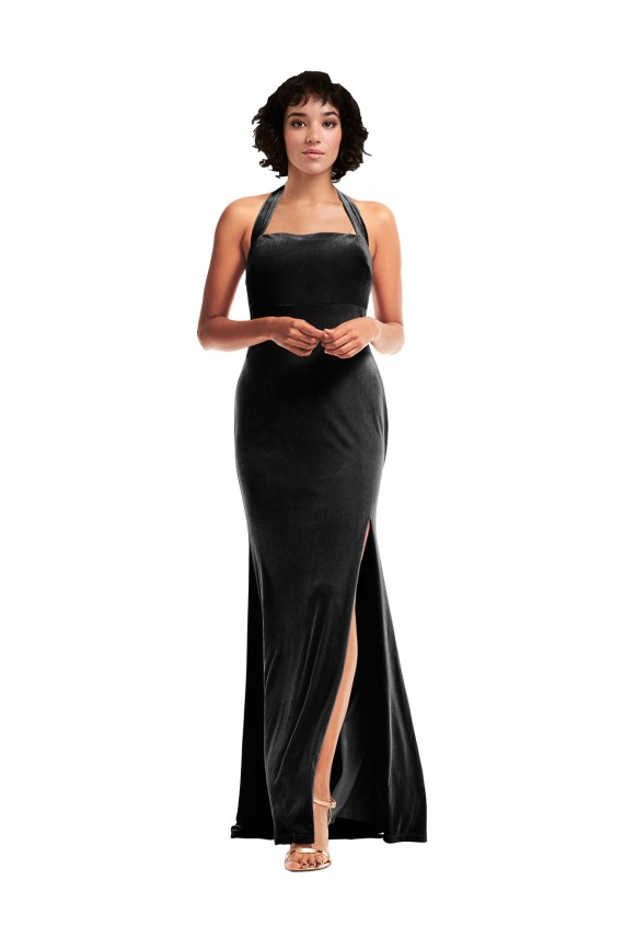 Halter Neck Long Stretch Velvet Black Sleeveless Formal Evening Gown / Prom Dress / Bridesmaid Dress Victoria