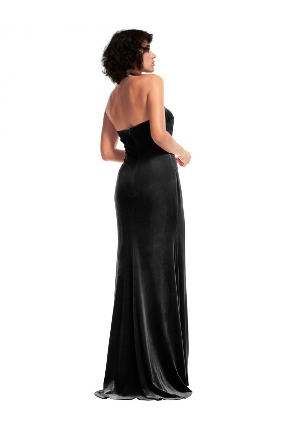Halter Neck Long Stretch Velvet Black Sleeveless Formal Evening Gown / Prom Dress / Bridesmaid Dress Victoria