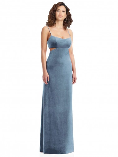 Square Neck Long Stretch Velvet Dusty Blue Sleeveless Formal Evening Gown / Prom Dress / Bridesmaid Dress Victoria