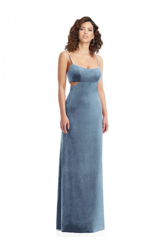 Square Neck Long Stretch Velvet Dusty Blue Sleeveless Formal Evening Gown / Prom Dress / Bridesmaid Dress Victoria