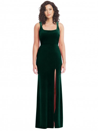 Square Neck Long Stretch Velvet Dark Green Sleeveless Semi Formal Evening Dress / Prom Dress / Bridesmaid Dress Victoria