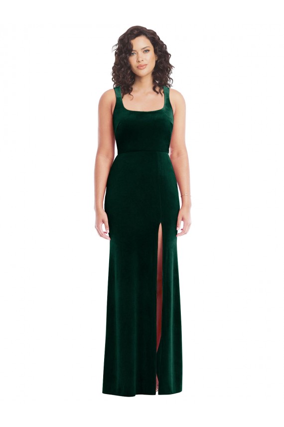 Square Neck Long Stretch Velvet Dark Green Sleeveless Semi Formal Evening Dress / Prom Dress / Bridesmaid Dress Victoria