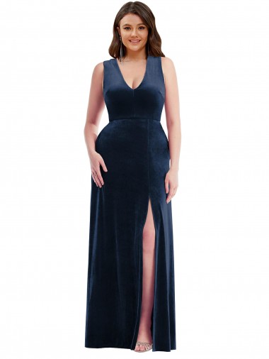 V-Neck Long Stretch Velvet Dark Navy Sleeveless Formal Plus Size Evening Gown / Prom Dress / Bridesmaid Dress Victoria