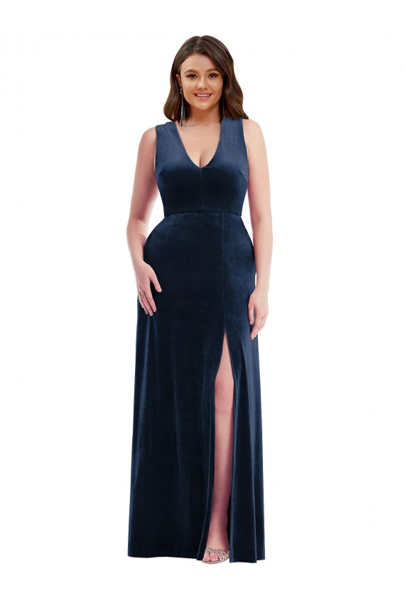 V-Neck Long Stretch Velvet Dark Navy Sleeveless Formal Plus Size Evening Gown / Prom Dress / Bridesmaid Dress Victoria