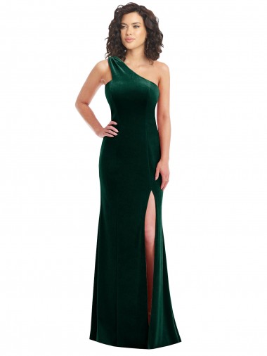 One Shoulder Long Stretch Velvet Dark Green Sleeveless Black Tie Prom Dress / Bridesmaid Dress Victoria