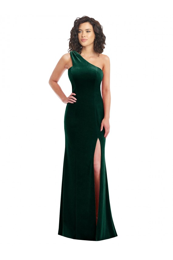 One Shoulder Long Stretch Velvet Dark Green Sleeveless Black Tie Prom Dress / Bridesmaid Dress Victoria
