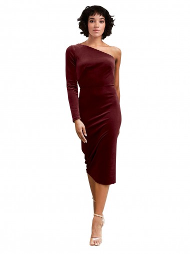 One Shoulder Midi Length Stretch Velvet Burgundy Long Sleeves Black Tie Prom Dress / Bridesmaid Dress Victoria