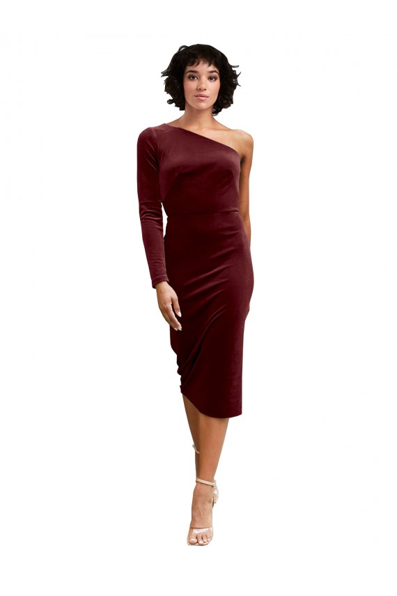One Shoulder Midi Length Stretch Velvet Burgundy Long Sleeves Black Tie Prom Dress / Bridesmaid Dress Victoria
