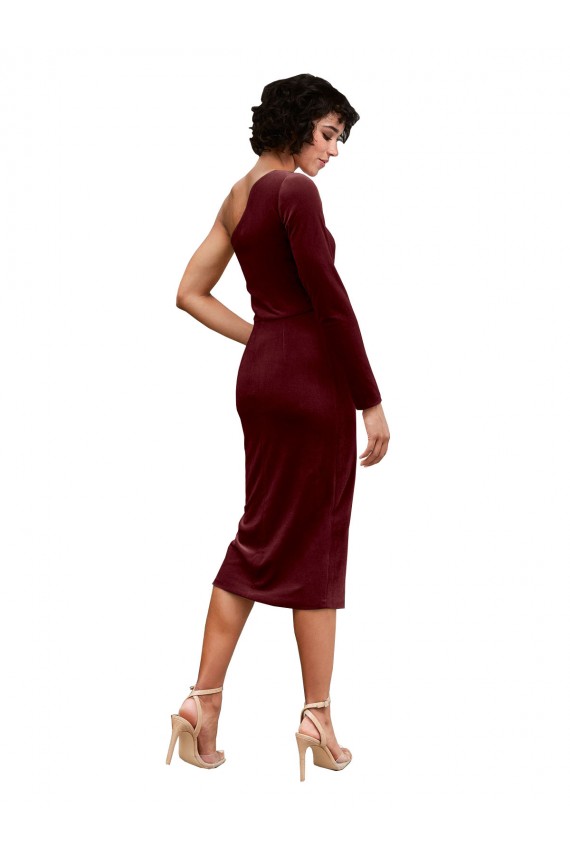 One Shoulder Midi Length Stretch Velvet Burgundy Long Sleeves Black Tie Prom Dress / Bridesmaid Dress Victoria