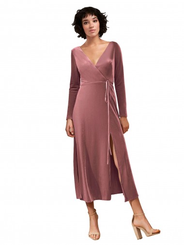 V-Neck Midi Length Stretch Velvet Cinnamon Rose Long Sleeves Black Tie Prom Dress / Bridesmaid Dress Victoria