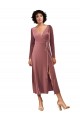 V-Neck Midi Length Stretch Velvet Cinnamon Rose Long Sleeves Black Tie Prom Dress / Bridesmaid Dress Victoria