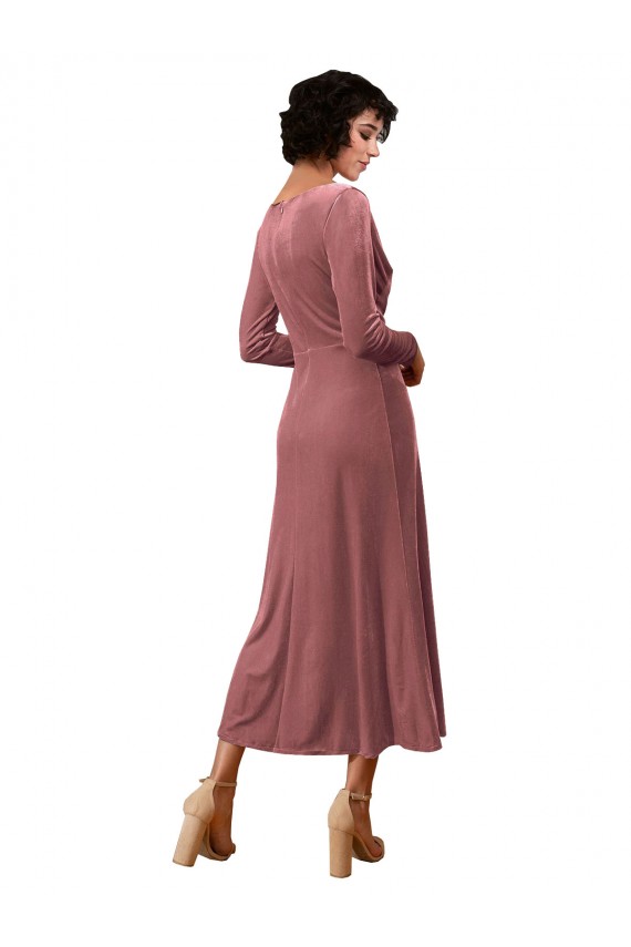 V-Neck Midi Length Stretch Velvet Cinnamon Rose Long Sleeves Black Tie Prom Dress / Bridesmaid Dress Victoria