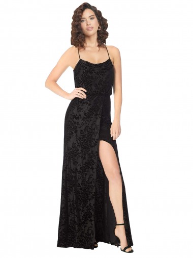 Cowl Neck Long Floral Velvet & Stretch Velvet Black Sleeveless Bridesmaid Dress Victoria