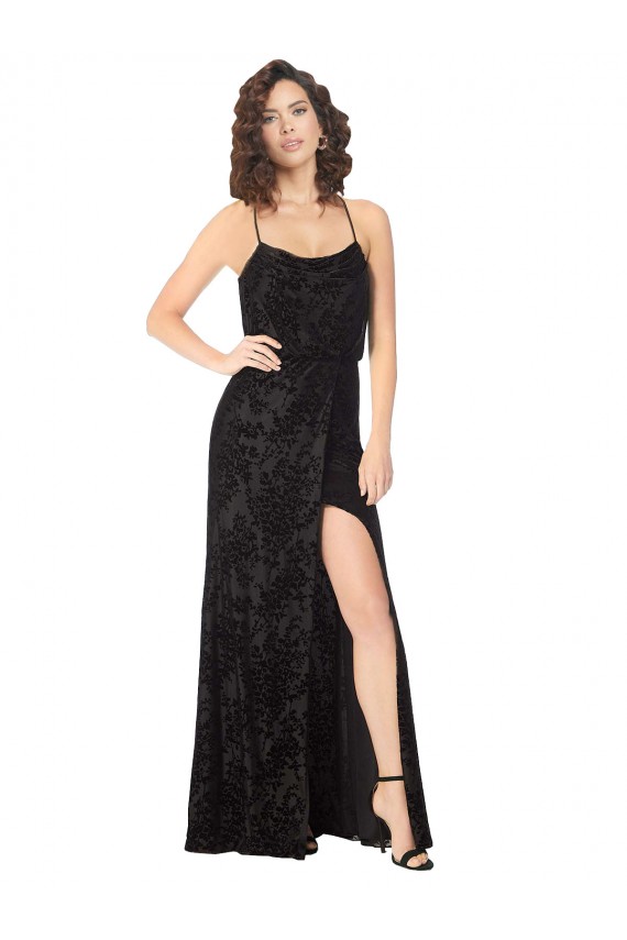 Cowl Neck Long Floral Velvet & Stretch Velvet Black Sleeveless Bridesmaid Dress Victoria