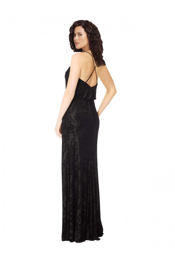 Cowl Neck Long Floral Velvet & Stretch Velvet Black Sleeveless Bridesmaid Dress Victoria