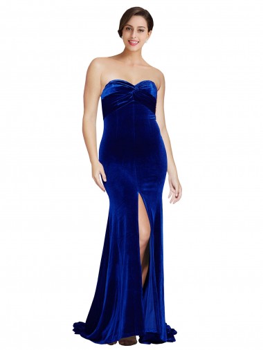 Strapless Sweep Train Stretch Velvet Royal Blue Sleeveless Formal Evening Gown / Prom Dress / Bridesmaid Dress Victoria