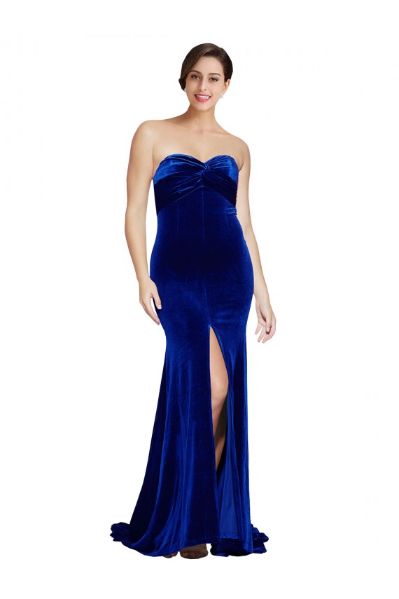 Strapless Sweep Train Stretch Velvet Royal Blue Sleeveless Formal Evening Gown / Prom Dress / Bridesmaid Dress Victoria