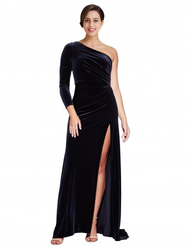 One Shoulder Sweep Train Stretch Velvet Dark Navy Long Sleeves Formal Evening Gown / Prom Dress / Bridesmaid Dress Victoria