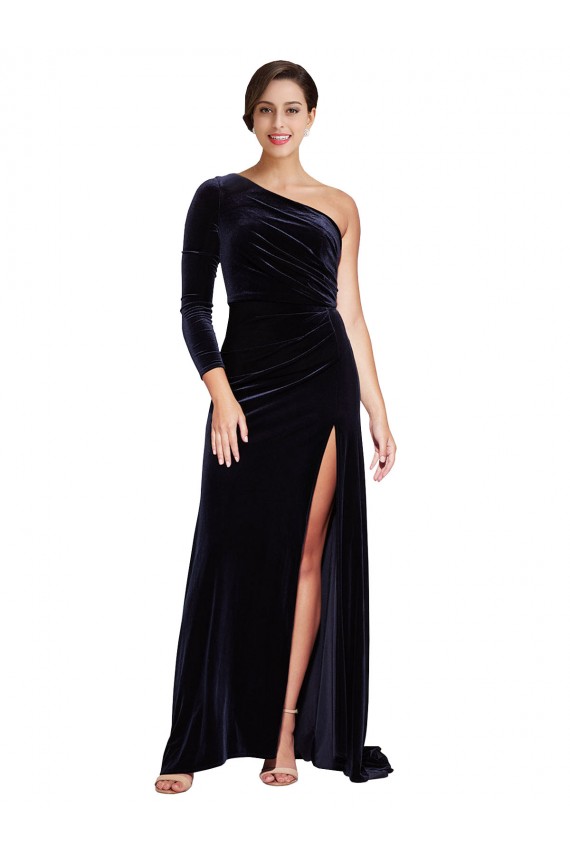 One Shoulder Sweep Train Stretch Velvet Dark Navy Long Sleeves Formal Evening Gown / Prom Dress / Bridesmaid Dress Victoria
