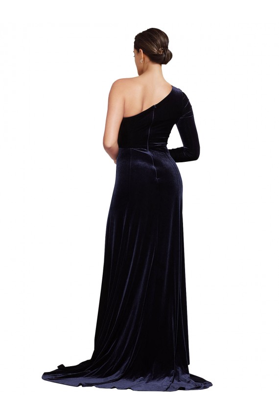 One Shoulder Sweep Train Stretch Velvet Dark Navy Long Sleeves Formal Evening Gown / Prom Dress / Bridesmaid Dress Victoria