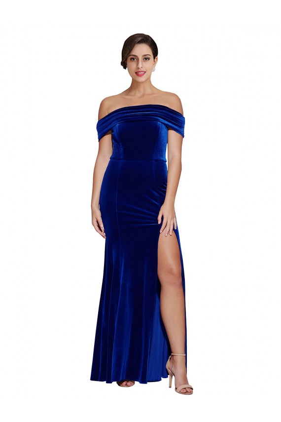 Off the Shoulder Long Stretch Velvet Royal Blue Sleeveless Formal Evening Gown / Prom Dress / Bridesmaid Dress Victoria