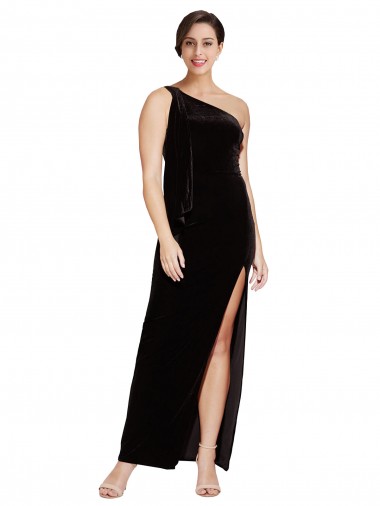One Shoulder Long Stretch Velvet Black Sleeveless Formal Evening Gown / Prom Dress / Bridesmaid Dress Victoria