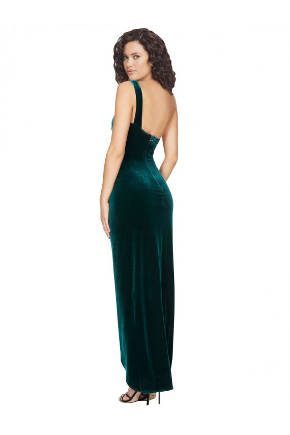 One Shoulder Long Stretch Velvet Dark Green Sleeveless High Low Evening Gown / Prom Dress / Bridesmaid Dress Victoria
