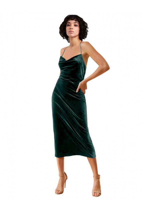 Cowl Neck Midi Length Stretch Velvet Dark Green Sleeveless Formal Dress / Bridesmaid Dress Victoria