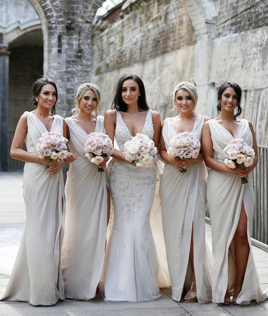Full Length Luxe Chiffon Long Champagne bridesmaid dresses Victoria with Sexy High Slit and Front Ruffles