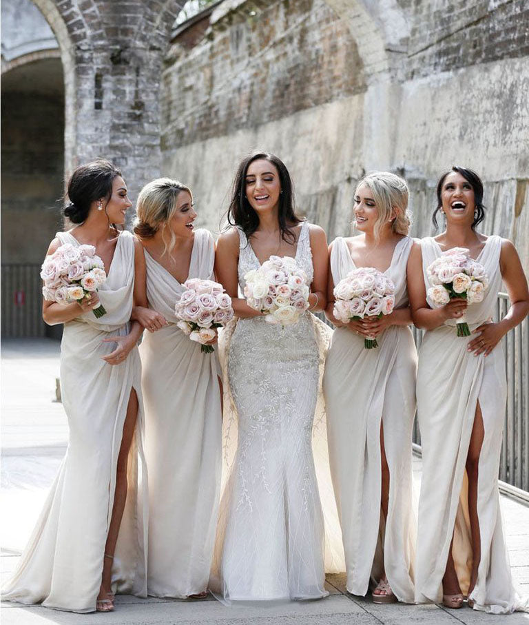 Full Length Luxe Chiffon Long Champagne bridesmaid dresses Victoria with Sexy High Slit and Front Ruffles