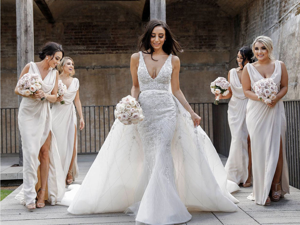 Full Length Luxe Chiffon Long Champagne bridesmaid dresses Victoria with Sexy High Slit and Front Ruffles