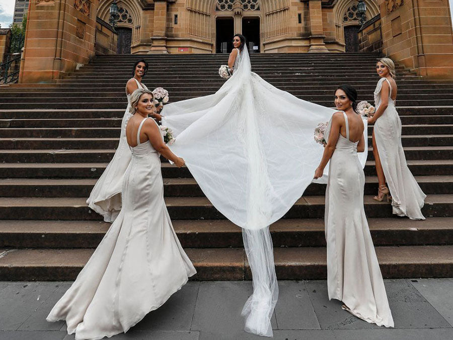 Full Length Luxe Chiffon Long Champagne bridesmaid dresses Victoria with Sexy High Slit and Front Ruffles