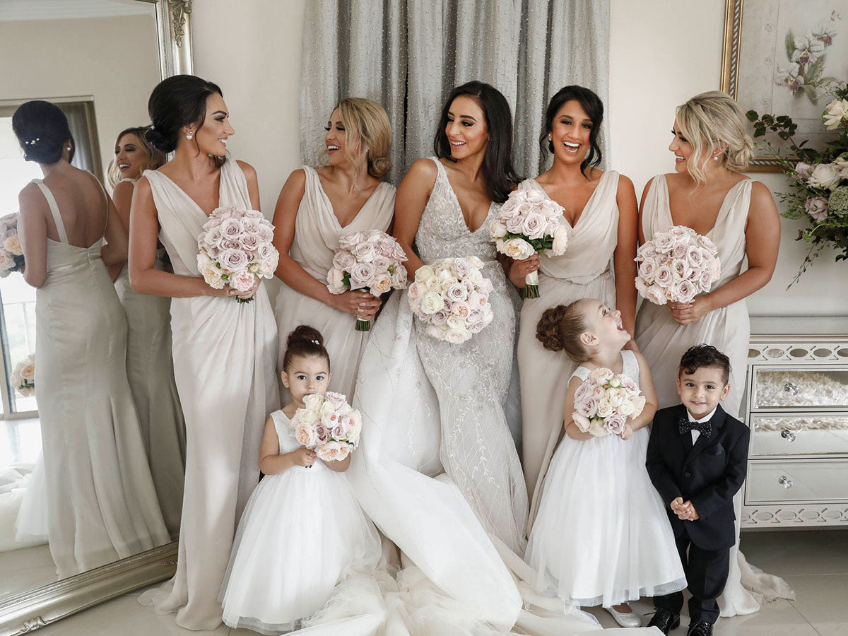 Full Length Luxe Chiffon Long Champagne bridesmaid dresses Victoria with Sexy High Slit and Front Ruffles