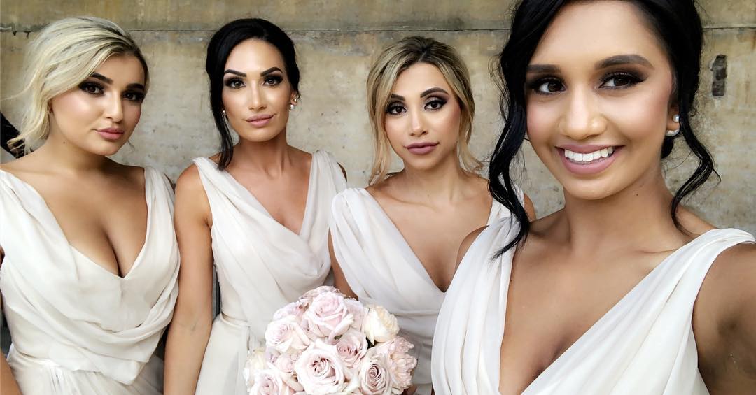 Full Length Luxe Chiffon Long Champagne bridesmaid dresses Victoria with Sexy High Slit and Front Ruffles