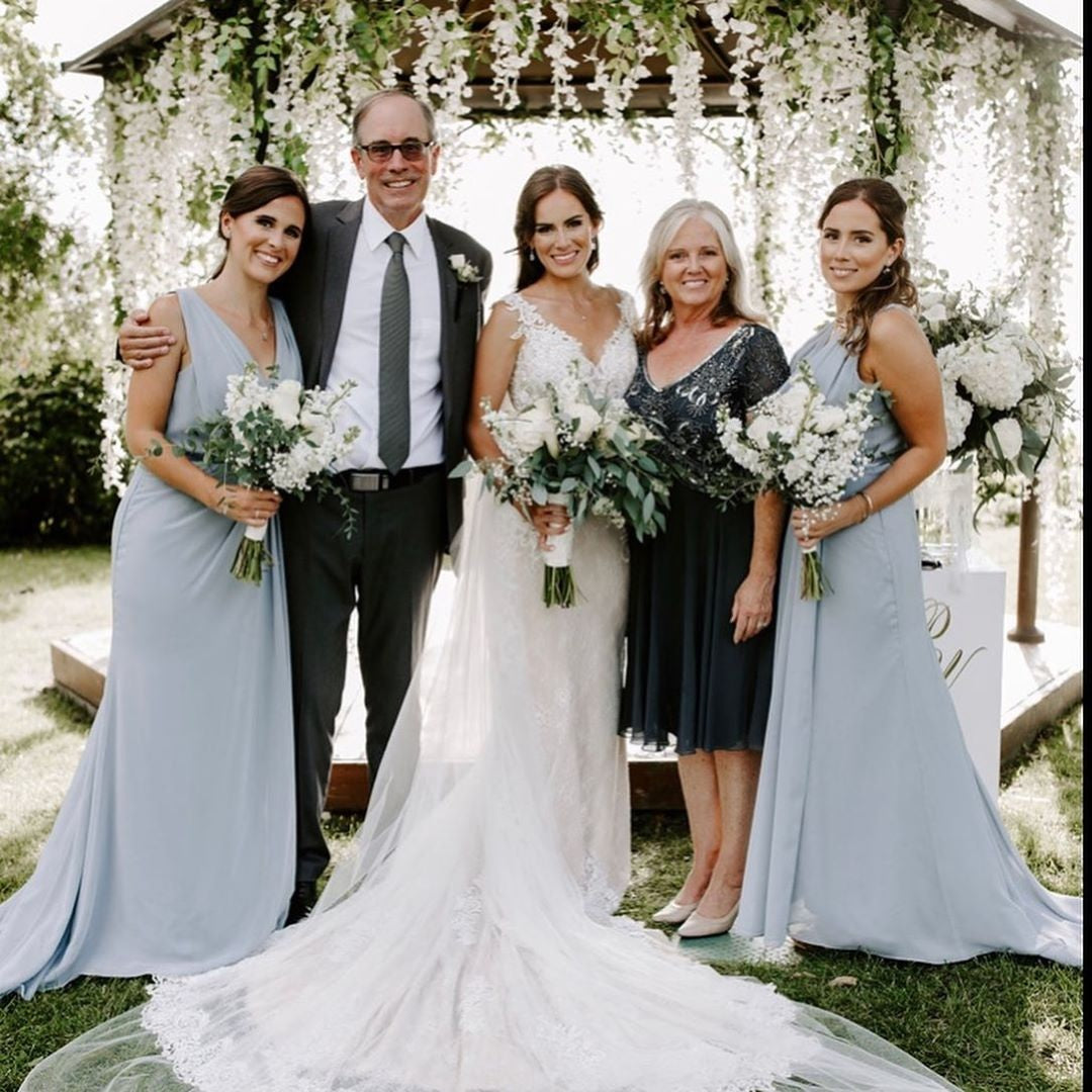 Dusty Blue Full Length Luxe Chiffon Long Champagne bridesmaid dresses Victoria with Sexy High Slit and Front Ruffles