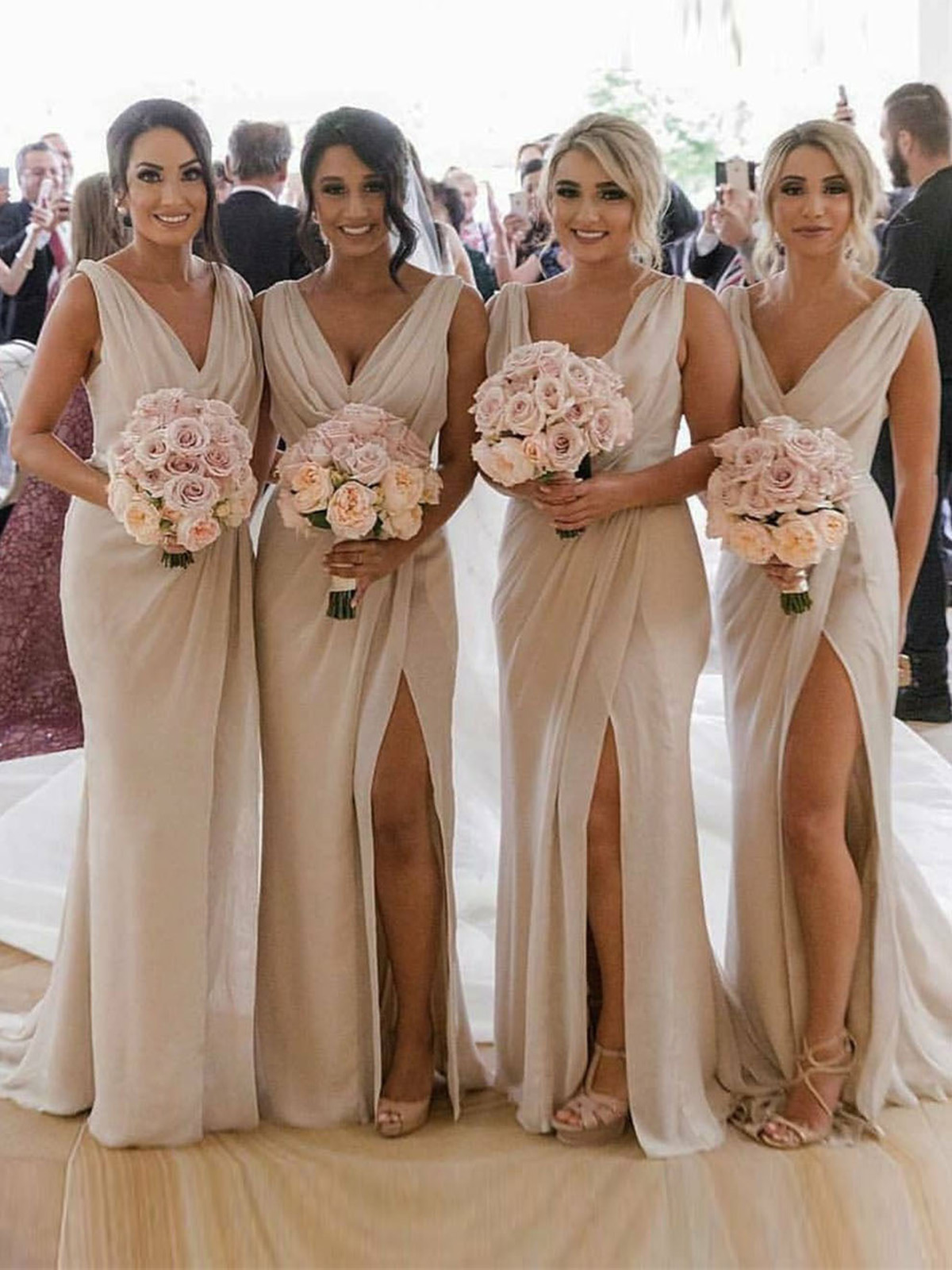 Champagne Full Length Luxe Chiffon Long Champagne bridesmaid dresses Victoria with Sexy High Slit and Front Ruffles
